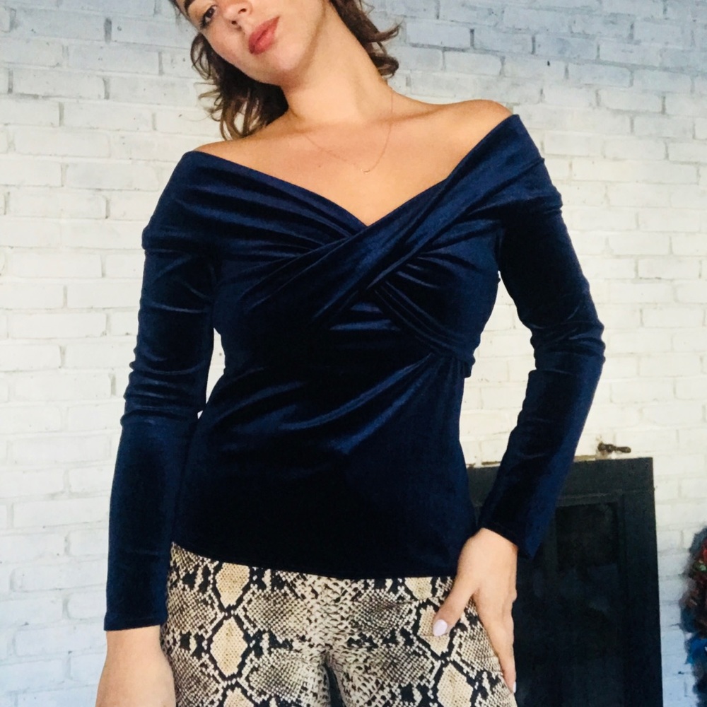 Zara deep velvet blue off the shoulder shirt